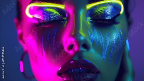Soft neon colors illuminate womans face in serene closeup, highlighting glowing makeup