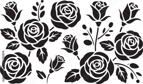 Set of silhouette rose flower with leaves for floral decoration or tattoo art