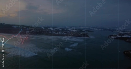 Aerial island chain holding steady after pause while line graphs emerging, visualizing wave trends