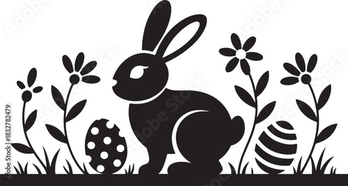 Silhouette rabbit and easter eggs with grass and flowers for spring holiday decor