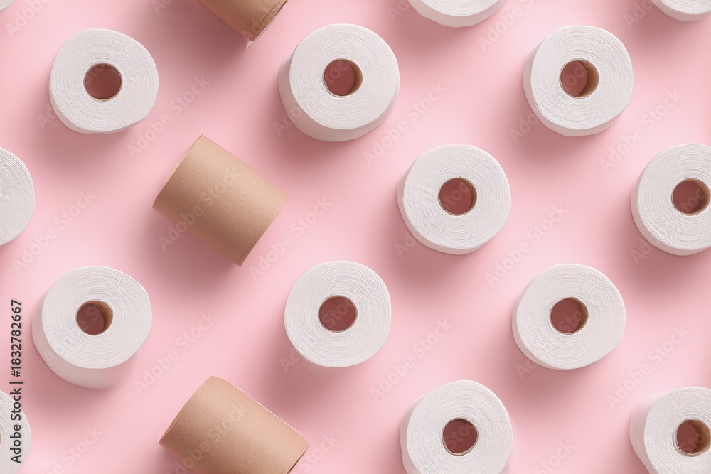 Fototapeta premium A seamless pattern of hygienic paper rolls and paper tubes on pink ground. 
