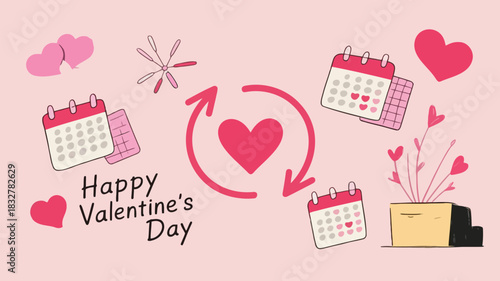 Happy valentines day illustration with hearts calendars and a cycle of love in pink and red colors on a light pink background