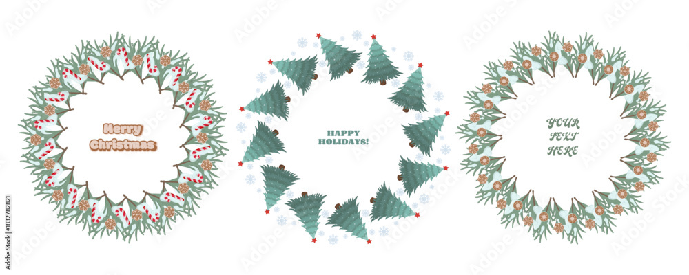 Fototapeta premium Three holiday wreaths on green background candy and cookie wreath with Merry Christmas , tree and snowflake wreath with Happy Holidays , and pinecone wreath with placeholder text