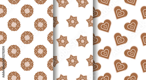 Three vertical gingerbread cookie patterns round with snowflakes, stars with icing, and hearts with double heart design. Festive seamless layout on white background