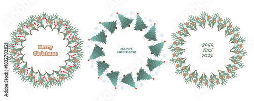 Three holiday wreaths on green background candy and cookie wreath with Merry Christmas , tree and snowflake wreath with Happy Holidays , and pinecone wreath with placeholder text