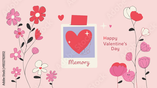 A charming illustration for valentine s day featuring a polaroid photo of a heart with the word memory below it surrounded by delicate flowers and hearts on a soft pink background