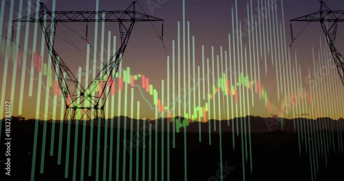 Sunset gradient starting overlay animating bars, candles and line over pylon, showing grid trends