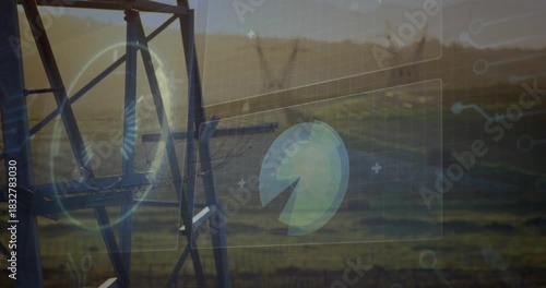 HUD overlay activating by tower at dusk circular glyph rotating and tilting over hills showing data