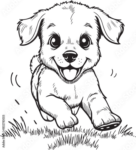 Joyful puppy's run: A cute, energetic puppy with a happy face bounds forward, its playful spirit radiating through every stride in this black and white cartoon. 