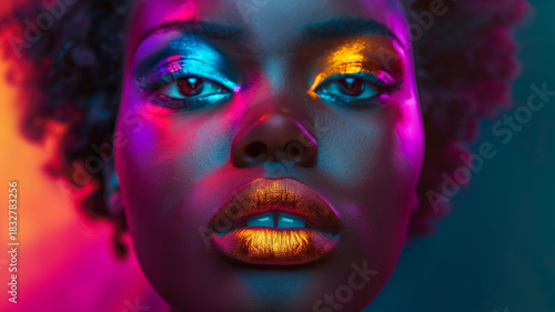 Neon brush strokes create dramatic lines across black womans face