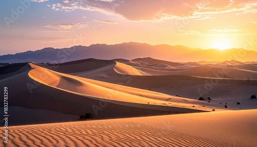 Fototapeta Naklejka Na Ścianę i Meble -  Scenic landscape of sand dunes at sunset, with mountains in the background and a warm, golden light illuminating the scene.