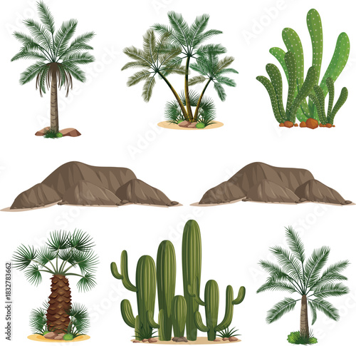 set of oasis landscape vector illustration