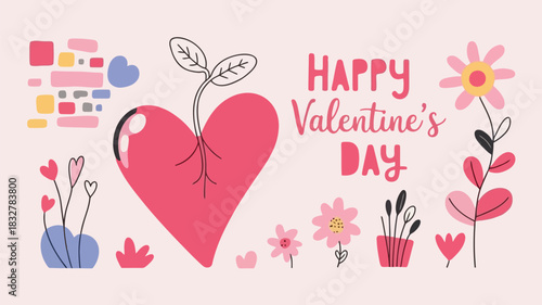 Happy valentines day greeting card with a large pink heart growing a plant and surrounded by cute flowers and abstract shapes celebrating love and new beginnings