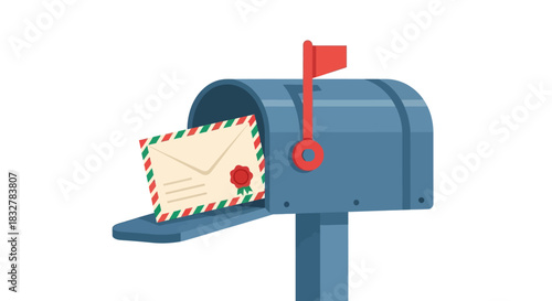 Vector illustration of an open blue mailbox with the red flag up, containing a festive holiday envelope sealed with wax