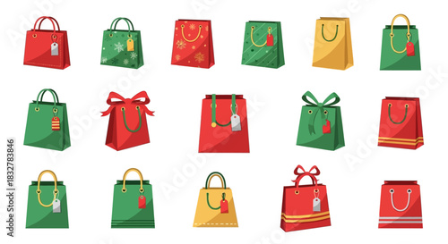 Festive Gift Bag Assortment A Collection of Christmas and Holiday Shopping Bags