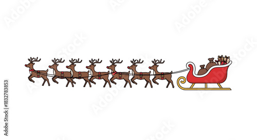 A charming cartoon illustration of a festive Christmas sleigh pulled by a team of eight brown reindeer in a single file line