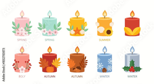 Set of ten illustrated candles representing the four seasons spring, summer, autumn, and winter, each with unique decorative elements