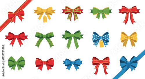 A collection of festive decorative ribbons and bows in various colors and patterns, perfect for gift wrapping and celebrations