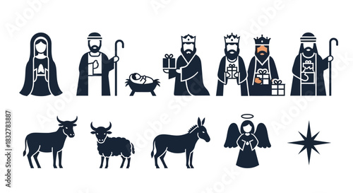 A collection of simple, flat design icons representing the traditional Christian Nativity scene, including the Holy Family, Wise Men, and animals