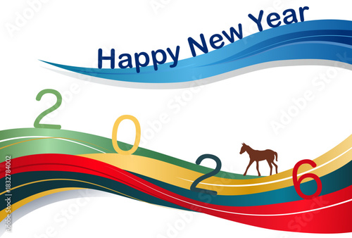 2026 New Year's Card Design: Colorful Wave Pattern and Horse Silhouette New Year Illustration