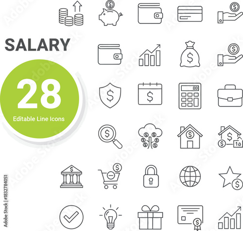 Salary Icons: A comprehensive set of neatly organized icons that visualize essential aspects of salary, covering various financial aspects, including coins, a piggy bank, a wallet.