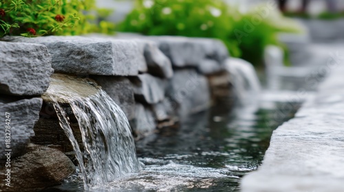 Wallpaper Mural Water gently flowing over stacked stone as a decorative backyard waterfall fountain. Tranquil garden design feature for relaxation and landscape concept. Torontodigital.ca