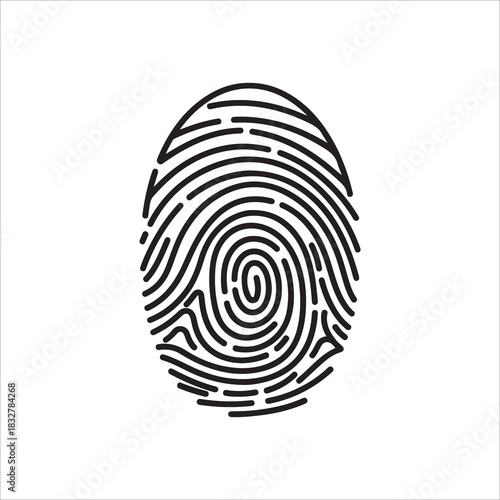 Black and white graphic illustration of a single human fingerprint whorl pattern for security and identity concept