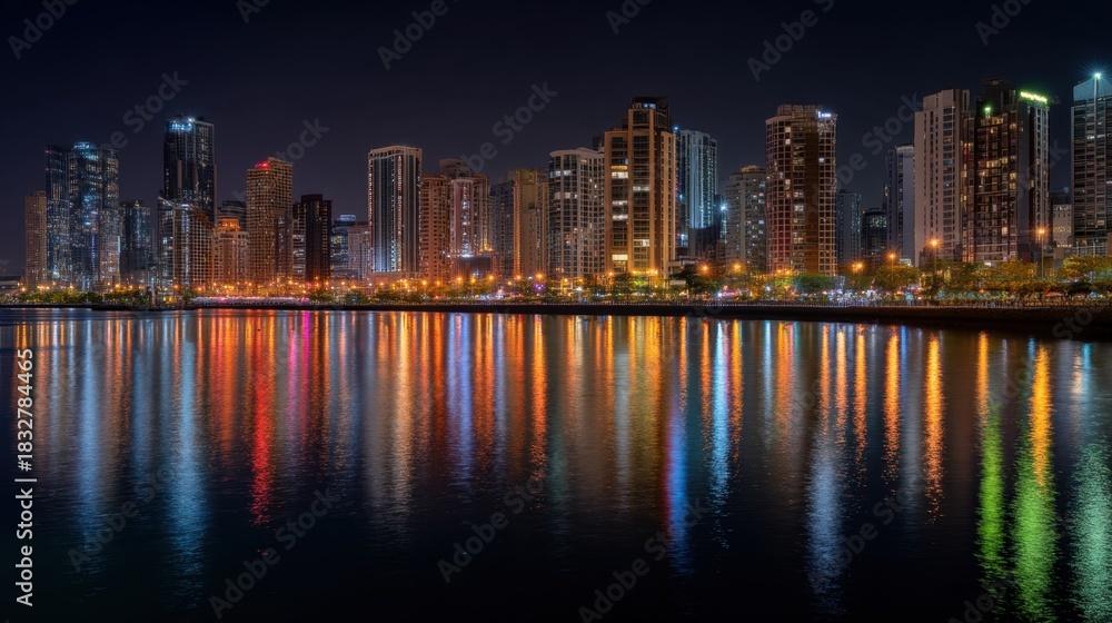 Naklejka premium Illuminated city skyline with colorful light reflection on water at night. Modern urban landscape for travel advertisement or architectural concept.
