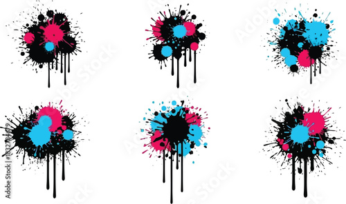 Collection of abstract colorful paint splatters with dripping ink on white background