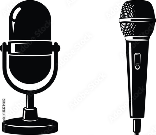 Two microphones black and white illustration for podcast or vocal recording