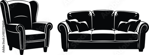 Elegant leather armchair and sofa set in black and white illustration