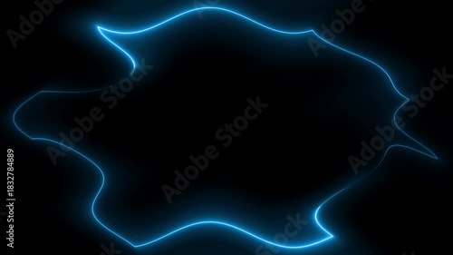 Rectangular wavy with abstract shape, horizontal frame with moving neon light effect, blue frame. Long glowing lines. Blank black space for your own content in the middle.