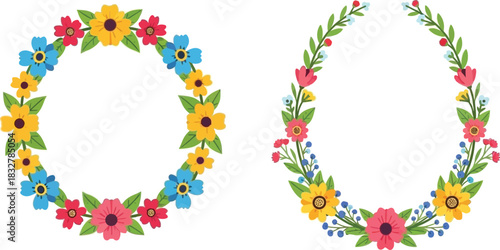 Two floral wreaths with colorful flowers on a white background