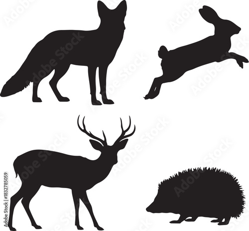 Silhouettes of Forest Animals Fox, Deer, Hare, Hedgehog