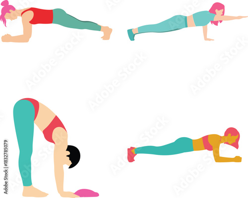 Diverse women performing fitness exercises, core workout, yoga poses