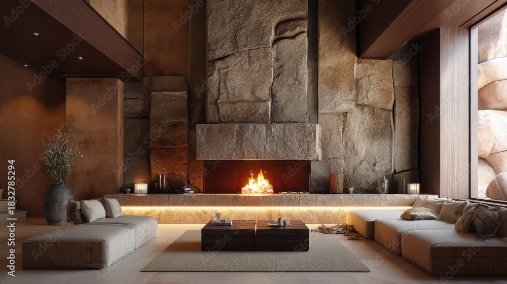 Obraz premium Modern living room interior with a cozy fireplace and stone wall. Luxury home design with contemporary furniture and warm ambiance for relaxation.
