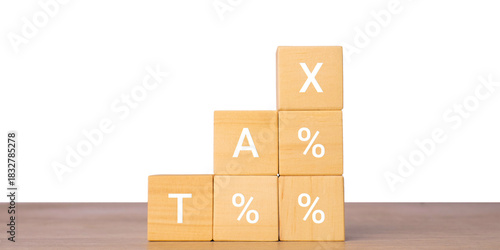 Wooden blocks with tax percentage text for increasing tax rate concept, isolated on transparent background