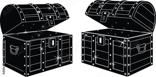 Two open treasure chests in a vintage style black and white illustration