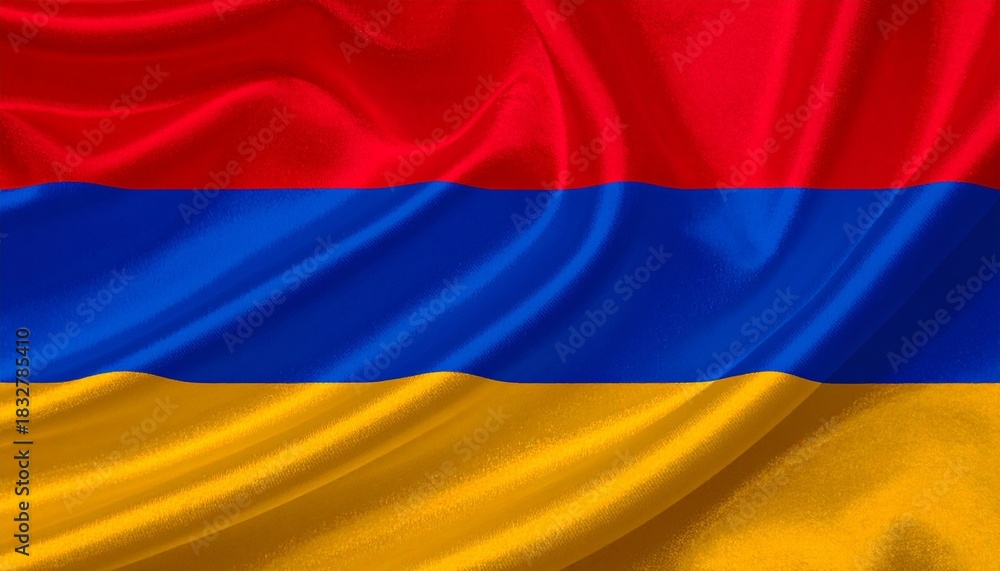 Fototapeta premium Armenian flag with horizontal red, blue, and orange stripes on textured fabric against light background.