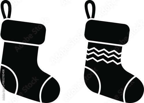 Two christmas stockings black and white vector illustration for holiday decor