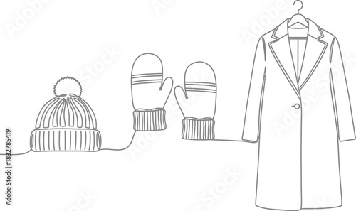 Minimalist line art of winter clothing items hat mittens and coat on hanger