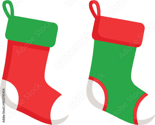 Festive christmas stockings in red and green colors on white background
