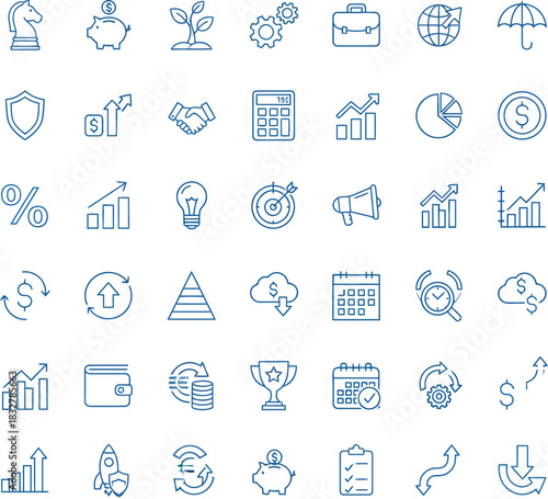 Business Icons: A collection of various business related icons. Representing diverse business concepts, ideas, strategies and operations. 