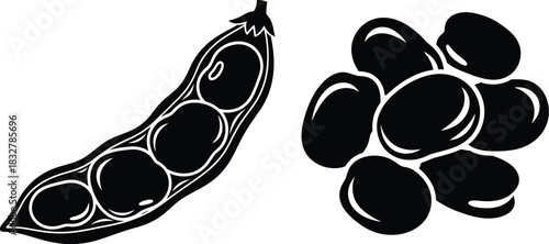 Black soybean pod and pile hand drawn vector illustration for design elements