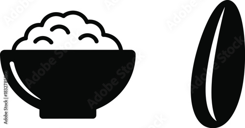 Rice bowl and rice grain black and white simple food illustration
