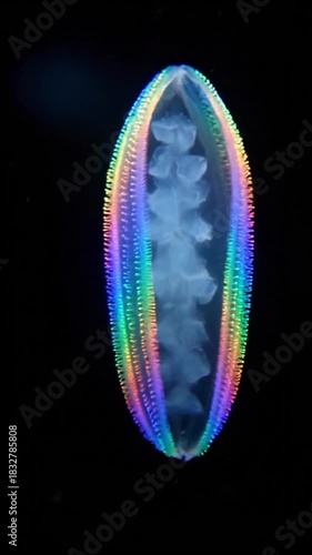 Close up of a ctenophore with rainbow colors in a dark background view