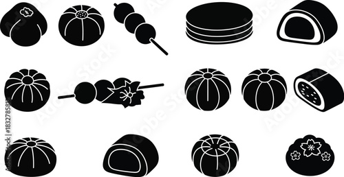 Japanese sweets and desserts silhouette vector illustration set