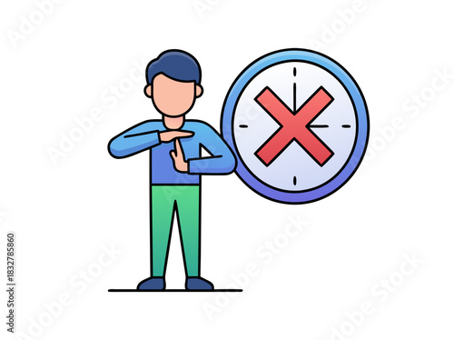 Man Gesturing Time Out Next to a Clock Showing a Red Cross Against a Black Background Vector Illustration Conceptualizing Deadline or Important Timing Decision