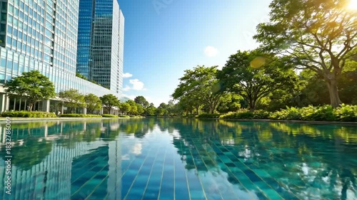 Modern architecture alongside a serene water feature under a clear blue sky daylight scenery