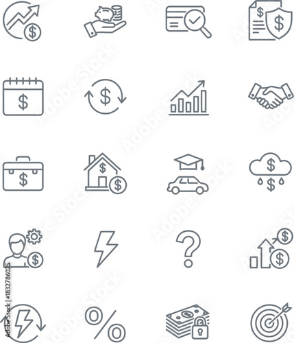 Financial Icons: A collection of various financial icons representing key aspects of business, banking, and economics. This illustration showcases a comprehensive set of symbols.